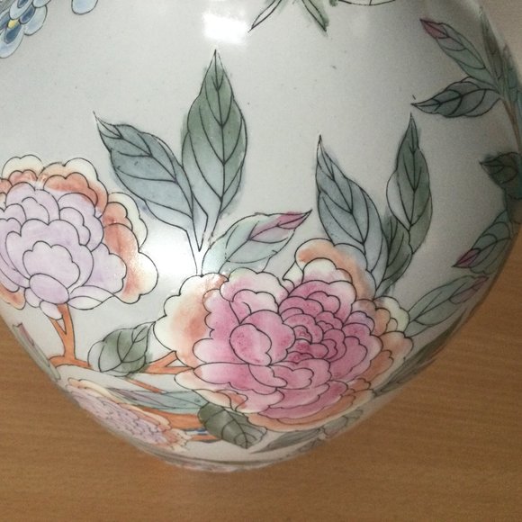 Vintage Chinese hand painted ceramic vase flowers butterfly Toyo 11" tall - Picture 6 of 8